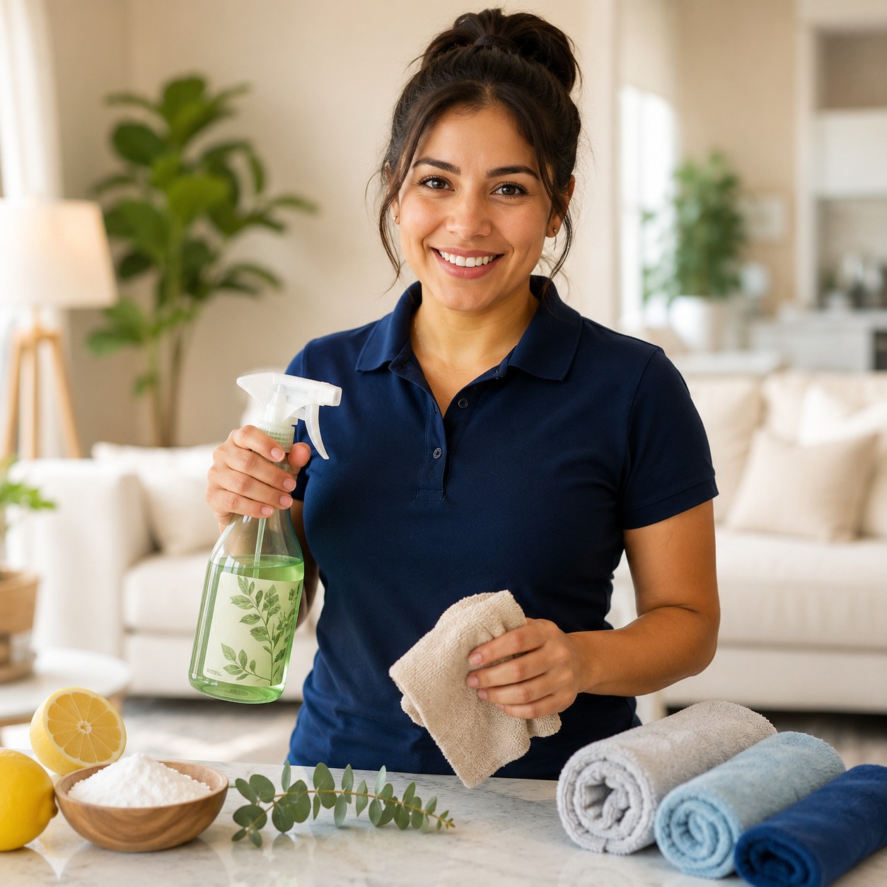 Luna Cleaning LLC technician smiling while using plant-based, eco-friendly cleaning products including natural spray, lemon, and baking soda